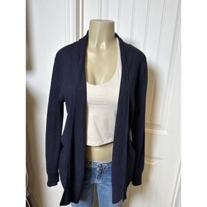 Eileen Fisher Navy Blue Textured 100% Wool Knit Cardigan Sweater, M, lightweight